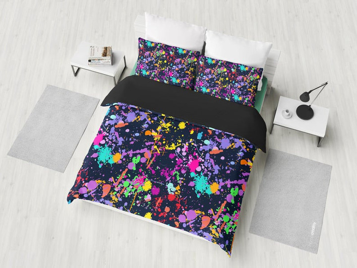 Colorful Paint Splatter Abstract Art Black Duvet Cover Bedding Set