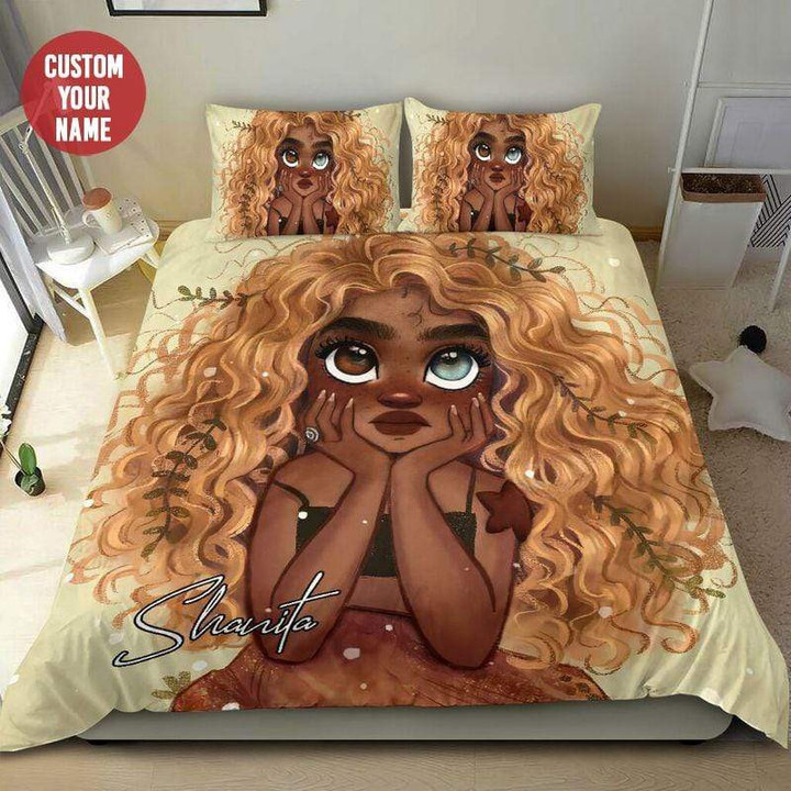 Personalized Black Girl Magic Eye Blonde Hair Cotton Bed Sheets Spread Comforter Duvet Cover Bedding Sets Perfect Gifts For Daughter Girlfriend Wife