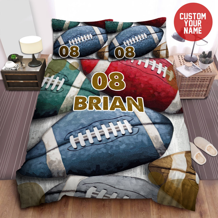 Multi Colored Football Balls American Football Custom Name Duvet Cover Bedding Set