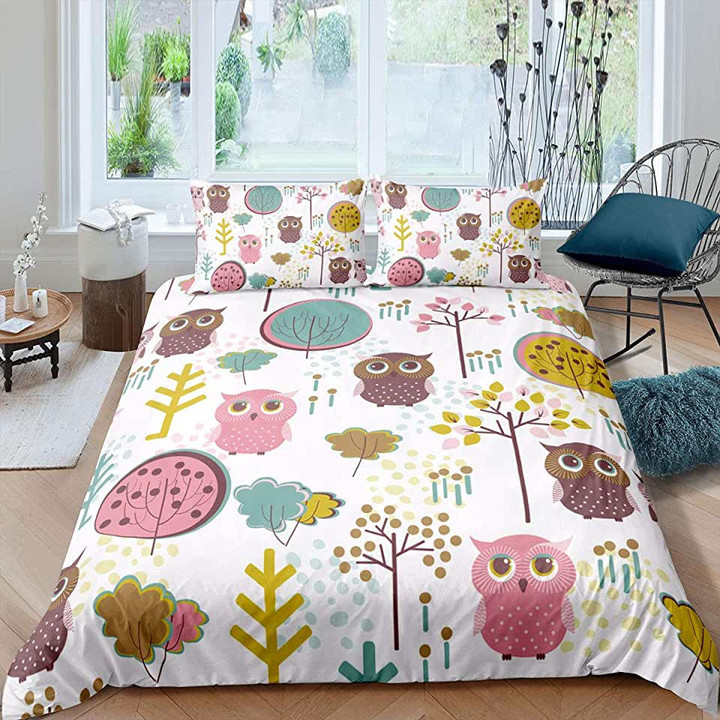 Cartoon Owl Pattern Bed Sheets Spread Comforter Duvet Cover Bedding Sets