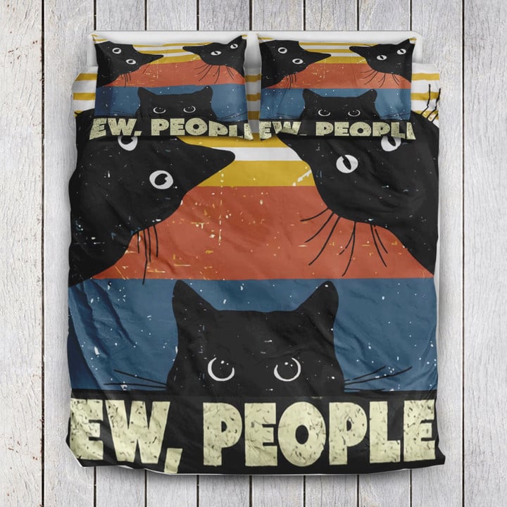 Retro Ew People Black Cat Bed Sheets Duvet Cover Quilt Bedding Set