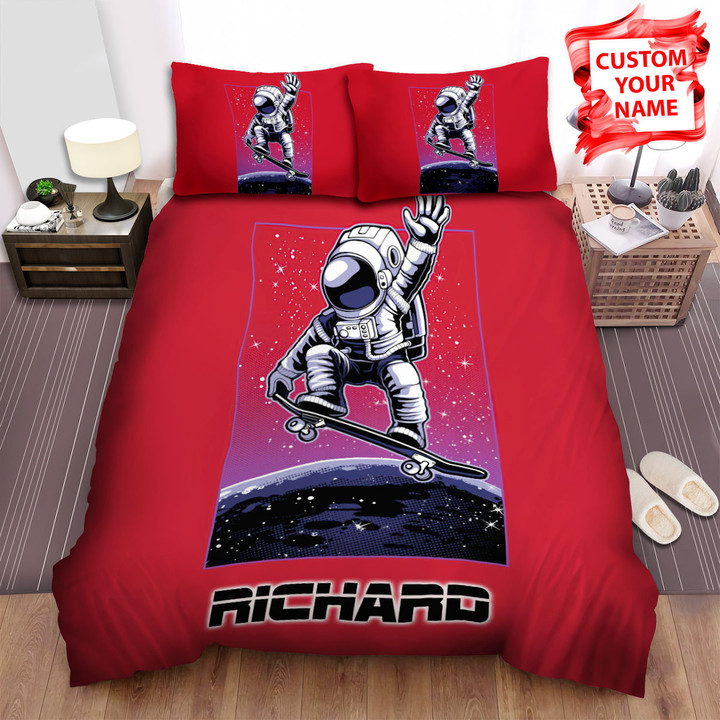 Personalized Skateboarding Astronaut Flying Among Stars Bed Sheets Spread Duvet Cover Bedding Sets
