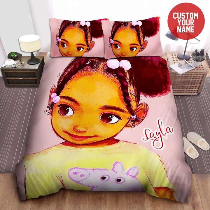 Cute Black Little Girl Custom Name Cotton Bed Sheets Duvet Cover Bedding Sets