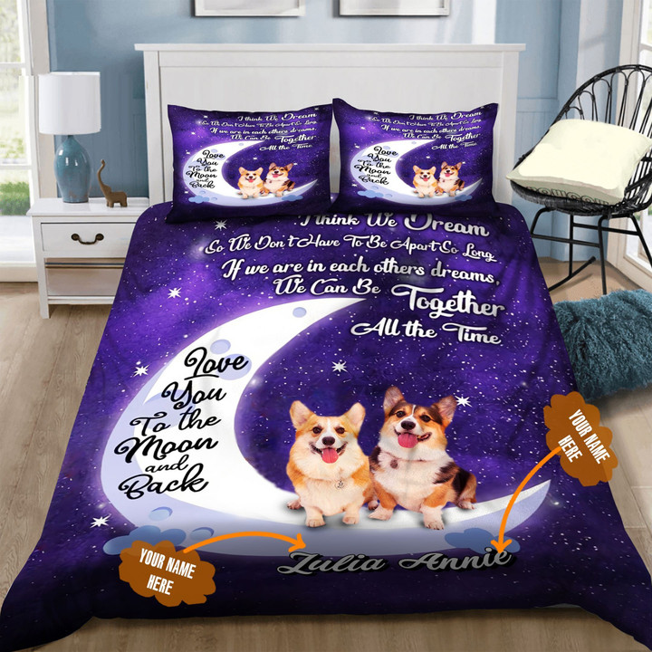 Personalized Corgi Dog Love You To The Moon And Back Bedding Set Bed Sheets Spread Comforter Duvet Cover Bedding Sets