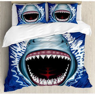 Ambesonne Shark Attack Of Open Mouth Sharp Teeth Sea Danger Wildlife Cotton Bed Sheets Spread Comforter Duvet Cover Bedding Sets
