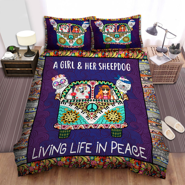 A Girl And Her Old English Sheepdog Living Life In Peace Bed Sheets Spread Duvet Cover Bedding Sets