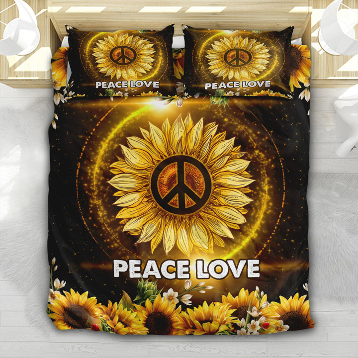 Sunflower And Hippie Symbol Peace Love Bed Sheets Spread Comforter Duvet Cover Bedding Sets