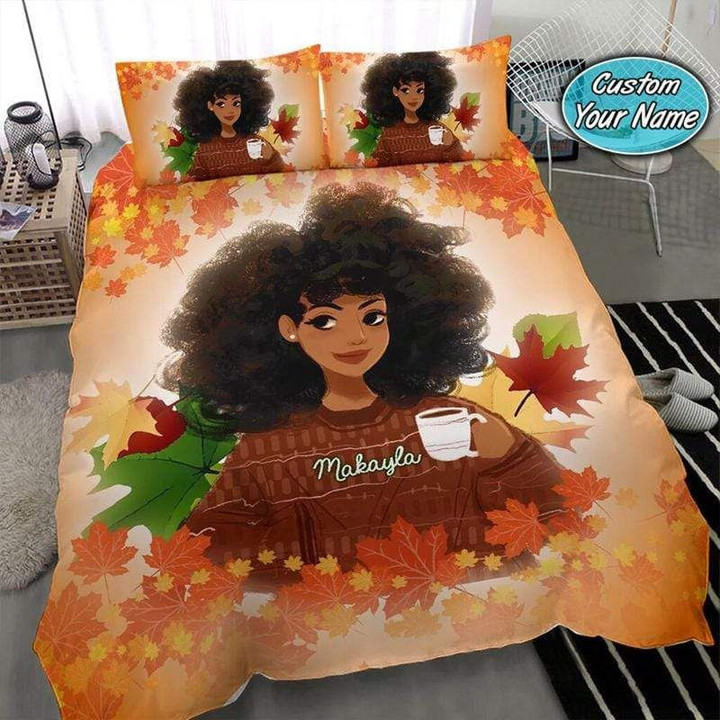 Personalized Cozy Fall Black Girl Maple Leaves Cotton Bed Sheets Spread Comforter Duvet Cover Bedding Sets Perfect Gifts For Daughter Girlfriend Wife