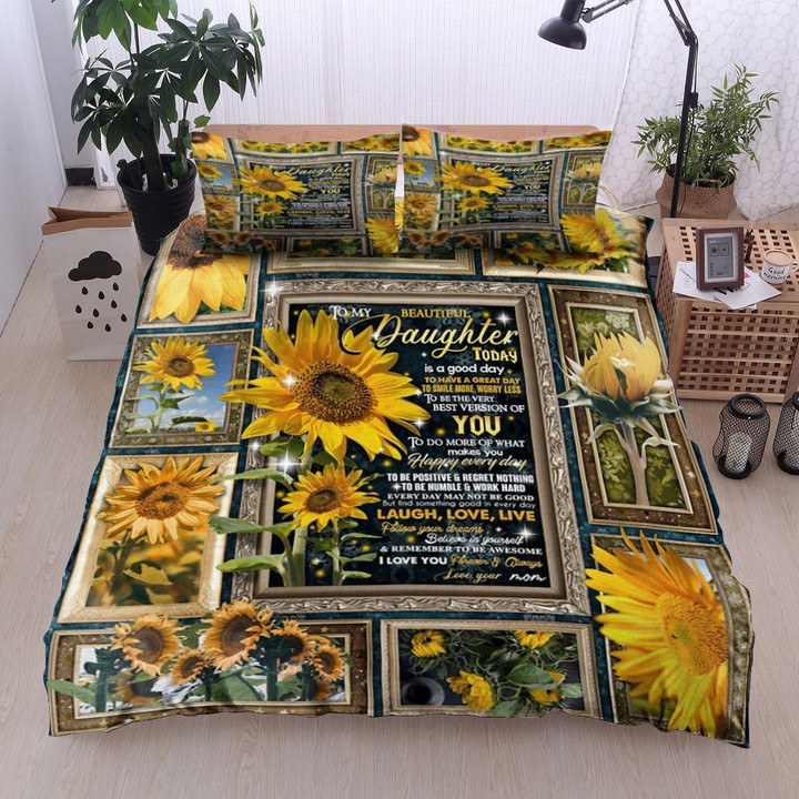 Personalized Sunflower To My Beautiful Daughter From Mom I Love You Forever And Always Cotton Bed Sheets Spread Comforter Duvet Cover Bedding Sets