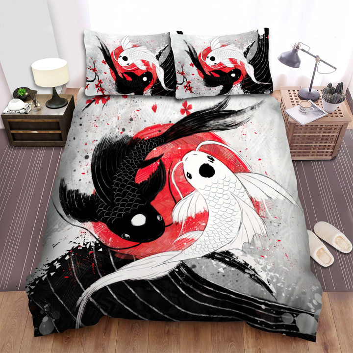 The Oriental Fish - The Yin Koi And The Yang Koi Hand Drawn Style Bed Sheets Spread Duvet Cover Bedding Sets