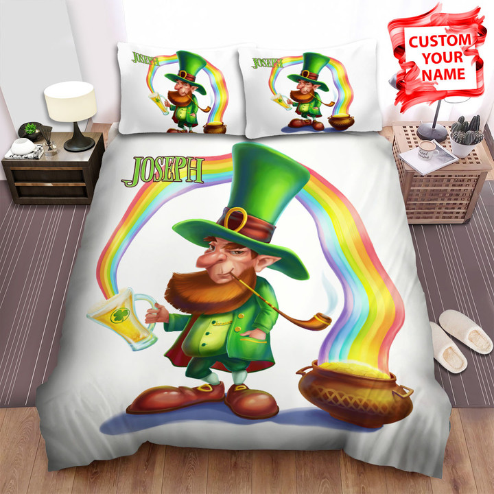 Personalized Saint Patrick's Day Leprechaun Gold Pot And Rainbow Beer Bed Sheets Spread Comforter Duvet Cover Bedding Sets