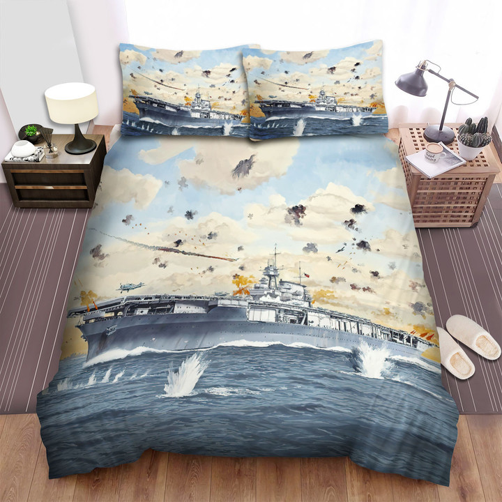 Military Weapon Ww2, Uss Yorktown Being Attacked Bed Sheets Spread Duvet Cover Bedding Sets