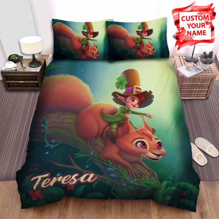 Personalized Saint Patrick's Day Leprechaun Riding Squirrel Bed Sheets Spread  Duvet Cover Bedding Sets