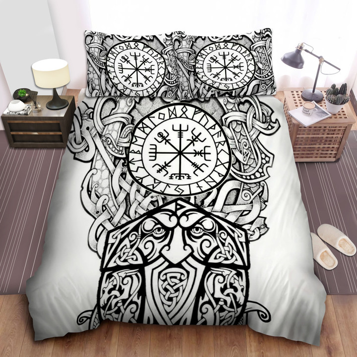 Black Ancient Viking Compass And Symbols Design On White Bed Sheets Spread  Duvet Cover Bedding Sets