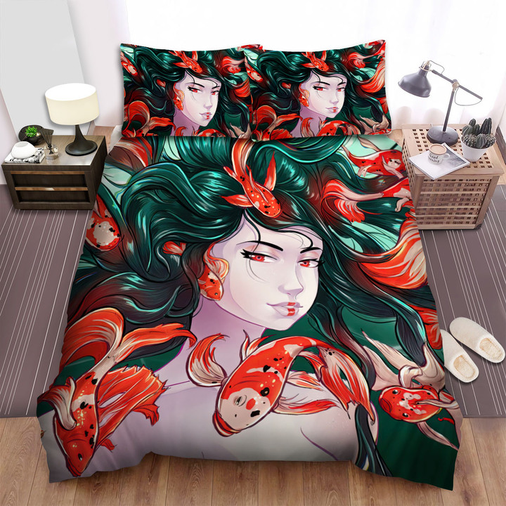 The Fish From Japan - The Seamless Koi Fish And The Diving Girl Bed Sheets Spread Duvet Cover Bedding Sets