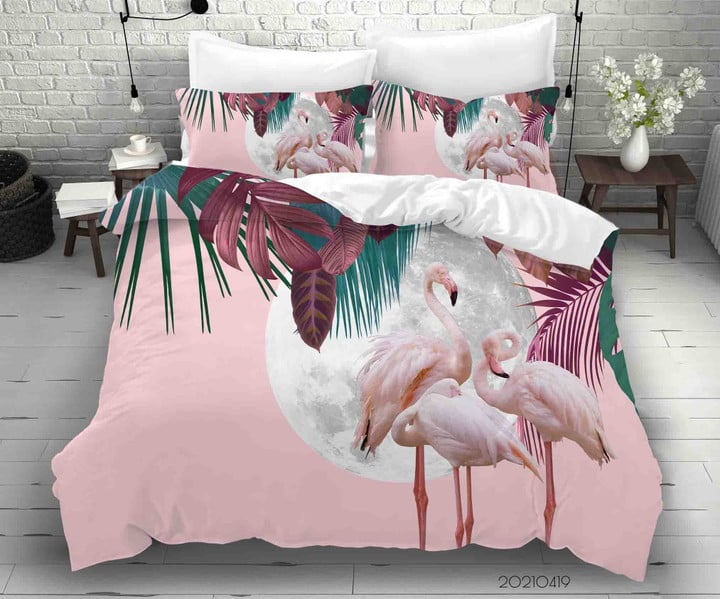 3D Tropical Leaf Flamingo Pink Bed Sheets Duvet Cover Bedding Sets