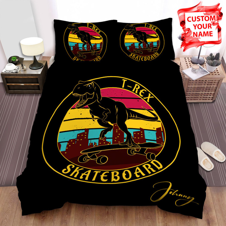 Personalized Skateboarding T-Rex Vintage Logo Bed Sheets Spread Duvet Cover Bedding Sets