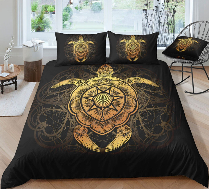Turtle Sea, Duvet Cover Set, Cute Turtle Bedding, Ethnic Mandalas Bed Decor, Black Duvet Cover, Gift for Her