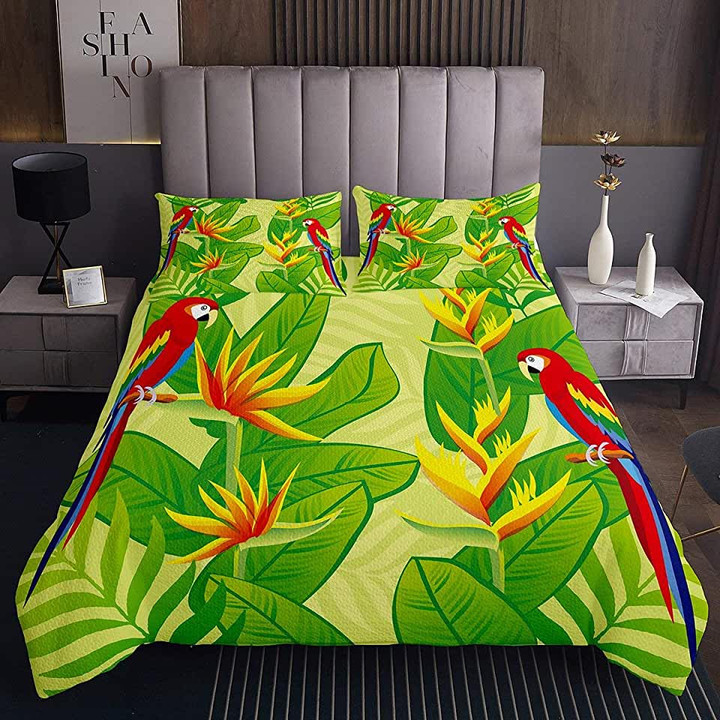 Parrot With Tropical Leaves Bedding Set Bed Sheets Spread  Duvet Cover Bedding Sets