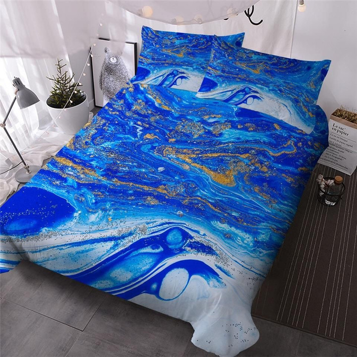 Blue Gold Swirl Marble  Bed Sheets Spread  Duvet Cover Bedding Sets