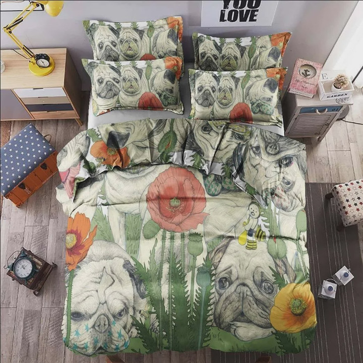 Pug Beautiful Pugs Among Flowers  Bed Sheets Spread  Duvet Cover Bedding Sets