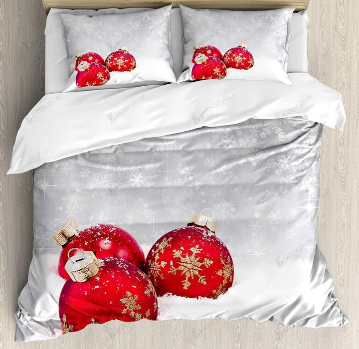 Xmas Baubles On Snow With Snowflakes Bed Sheets Duvet Cover Bedding Set Great Gifts For Birthday Christmas Thanksgiving
