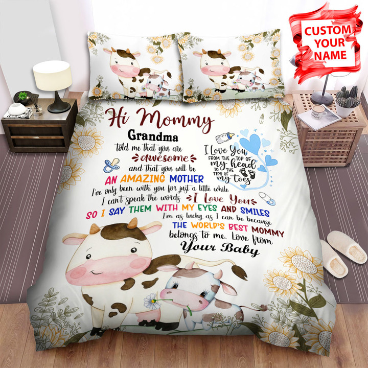 Personalized Cow Baby And Mom Hi Mommy Grandma Told Me Bed Sheets Spread Duvet Cover Bedding Sets