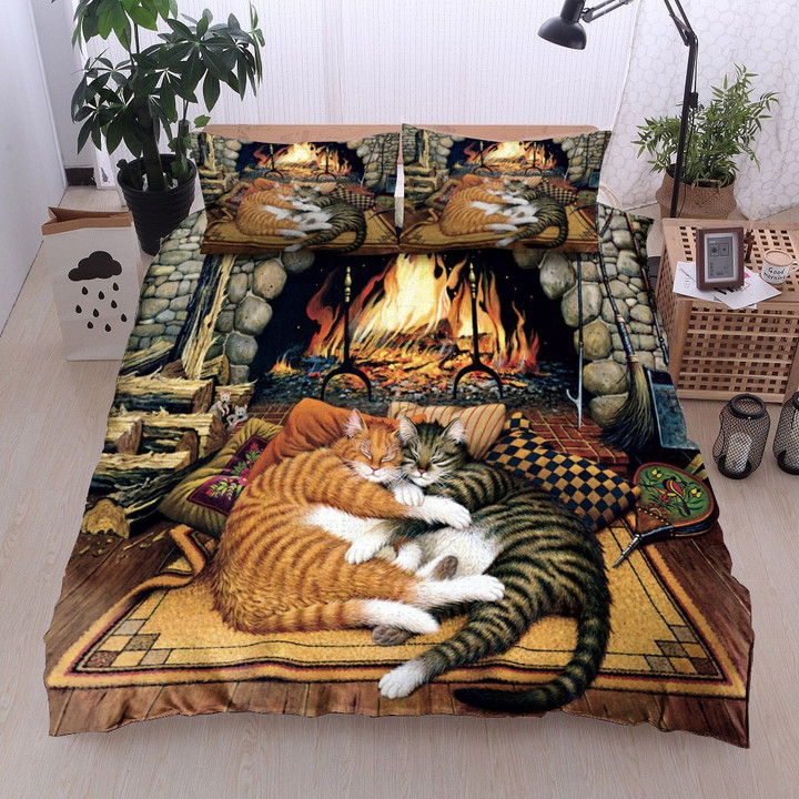 3D Couple Tabby Cat Sleeping By The Heater  Bed Sheets Spread  Duvet Cover Bedding Sets