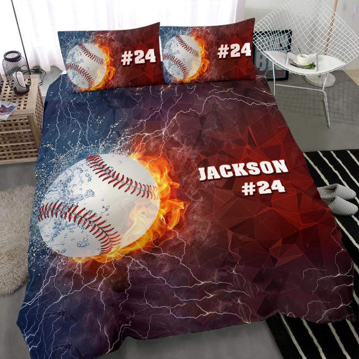 Baseball Fire And Water Custom Duvet Cover Bedding Set With Your Name