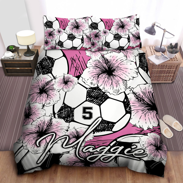 Soccer Flowers Personalized Custom Duvet Cover Bedding Set With Name And Number