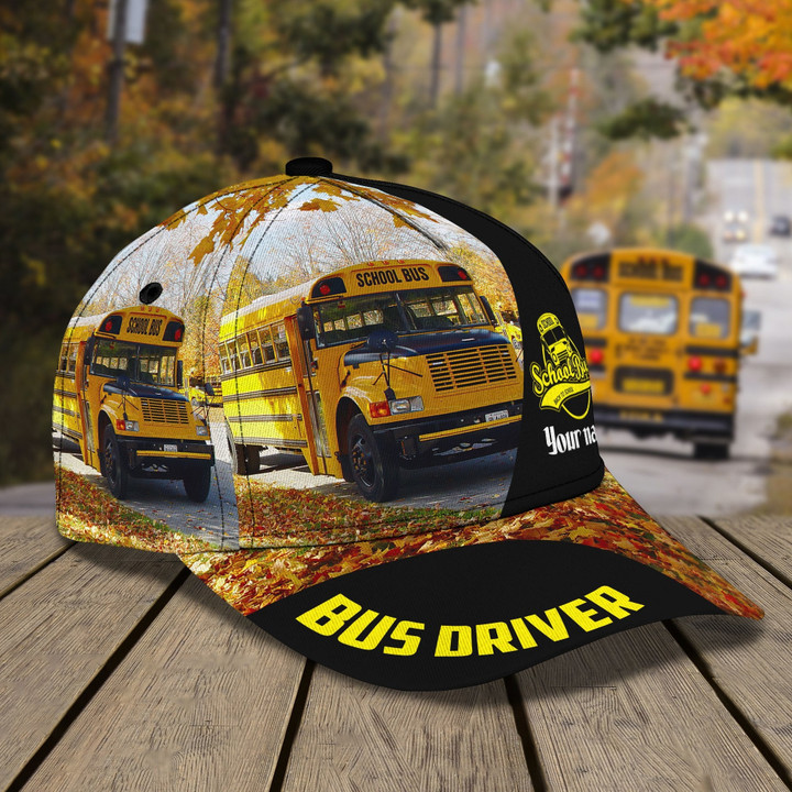 Personalized Name Yellow School Bus Driver 3D Cap & Hat, 3D Baseball Cap, Classic Cap