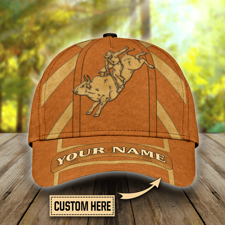 Personalized Name Bull Riding Orange 3D Cap & Hat, Classic Cap, 3D Baseball Cap
