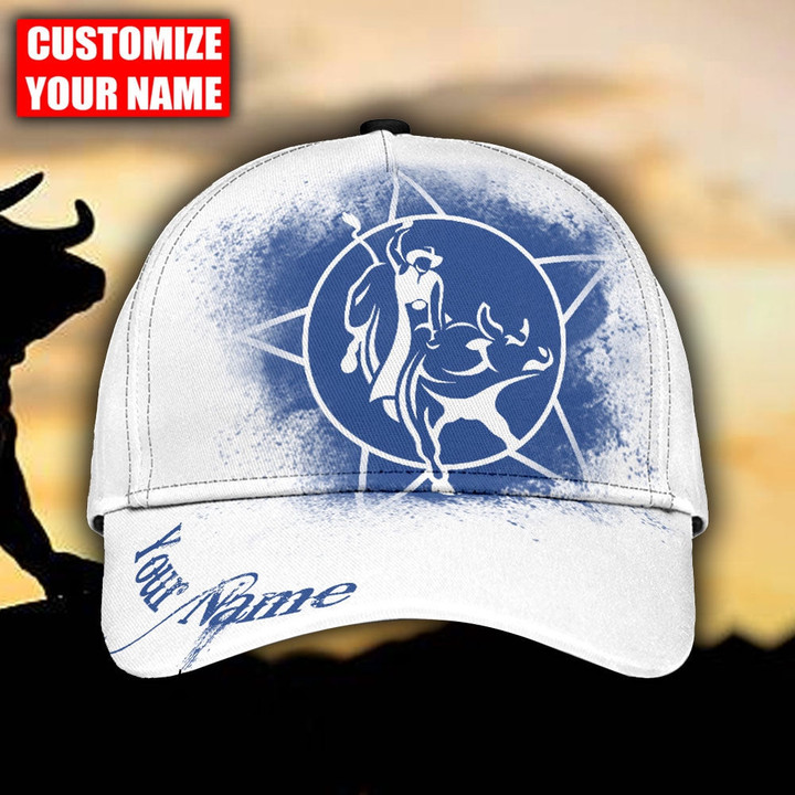 Personalized Name Bull Riding White 3D Cap & Hat, Classic Cap, 3D Baseball Cap