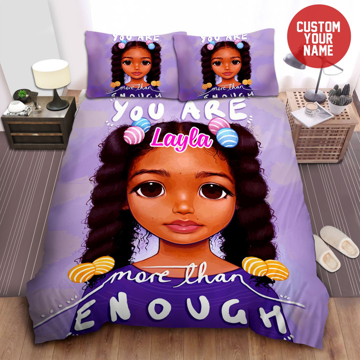 Personalized Little Melanin Queen Black Girl Magic Little Girl Quote You Are More Than Enough Custom Name Duvet Cover Bedding Set