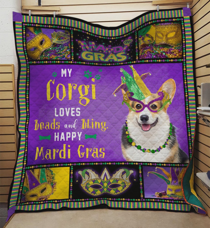 My Corgi Loves Beads And Bling Happy Mardi Gras Quilt Blanket Great Customized Blanket Gifts For Birthday Christmas Thanksgiving