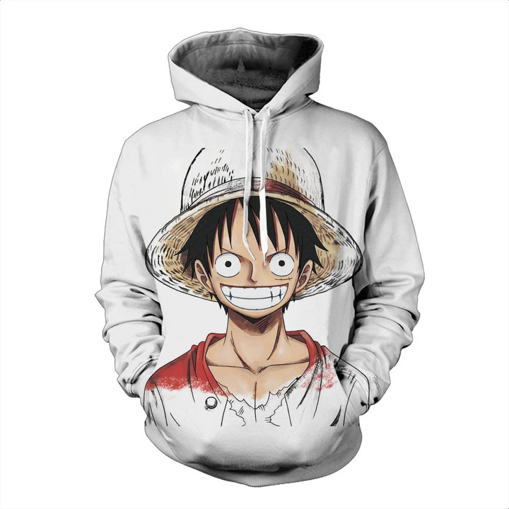 One Piece Series Luffy Icon White Fashion Unisex 3D All Over Print Hoodie, Zip Up Hoodie