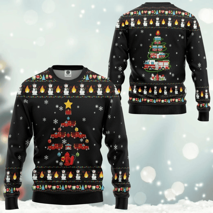 Firefighter Truck Tree Ugly Christmas Sweater