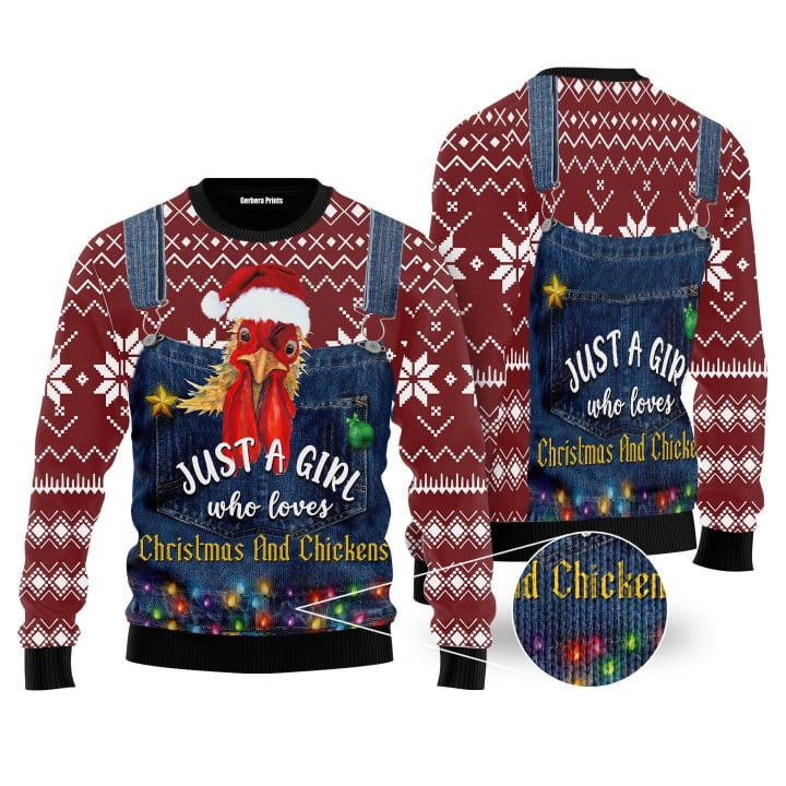 Just A Girl Who Loves Christmas And Chickens Ugly Christmas Sweater, Just A Girl Who Loves Christmas And Chickens 3D All Over Printed Sweater
