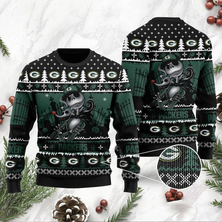 Green Bay Packers Ugly Sweater Jack Skellington Halloween Ugly Christmas Sweater, Ugly Sweater, Christmas Sweaters