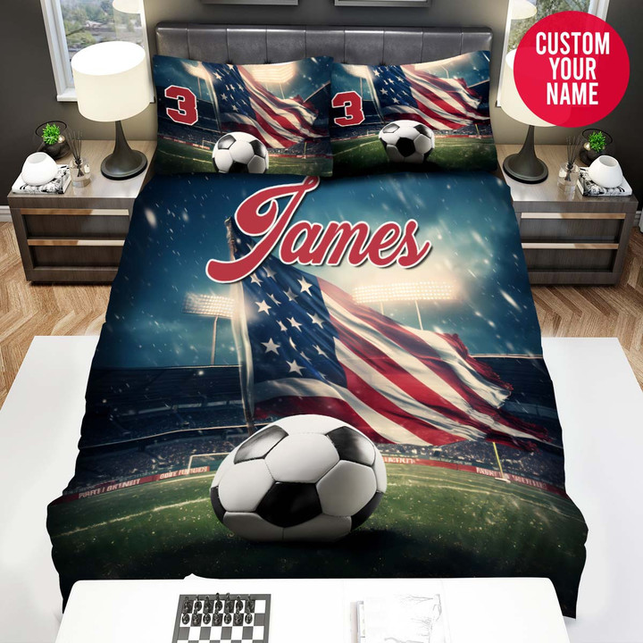 Personalized Soccer Ball With American Flag On Field Custom Name Duvet Cover Bedding Set
