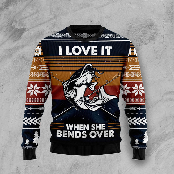 Fishing I Love It When She Bends Over Ugly Christmas Sweater, All Over Print Sweatshirt