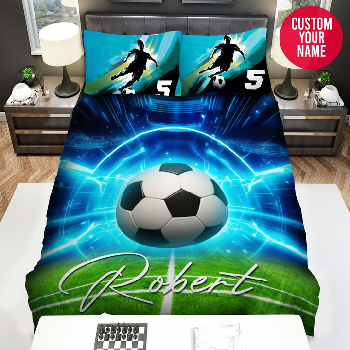 Personalized Soccer Field Glowing Blue Ball Custom Name Duvet Cover Bedding Set