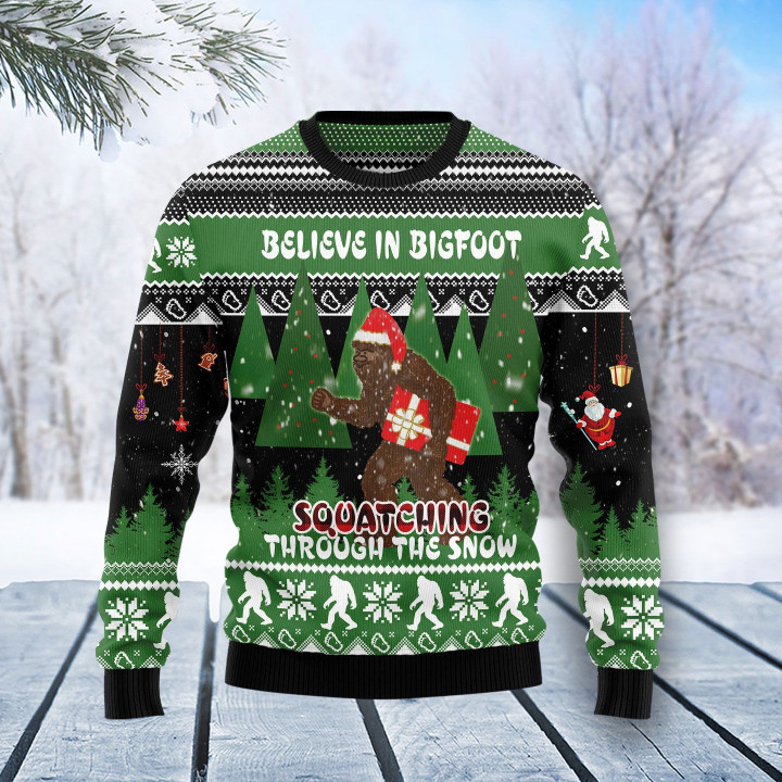 Bigfoot Through Snow Ugly Christmas Sweater