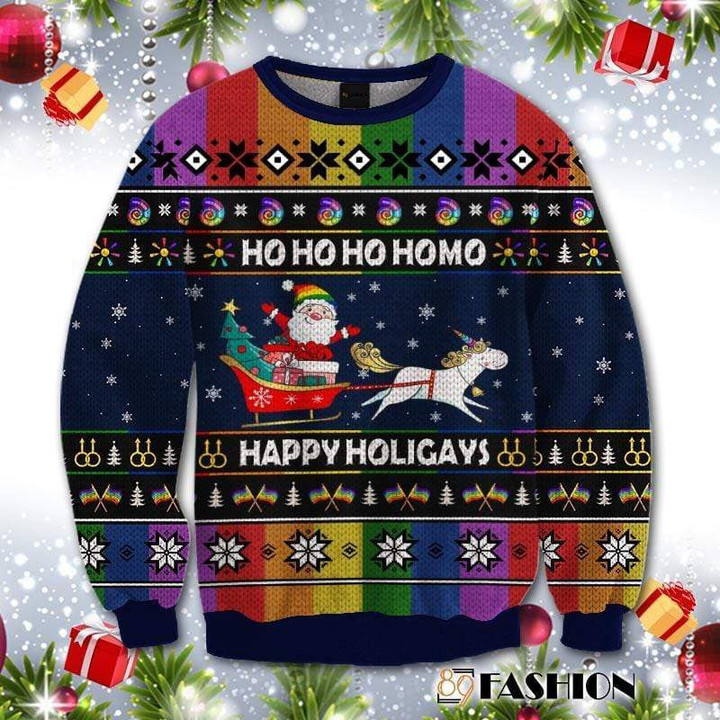 Rainbow Unicorn Hohoho Homo Happy Holigays Ugly Christmas Sweater, All Over Print Sweatshirt