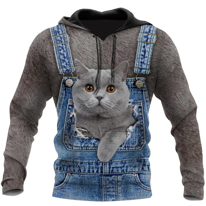 Cute Cat Wearing Jean Bibs 3D All Over Print Hoodie, Zip-up Hoodie