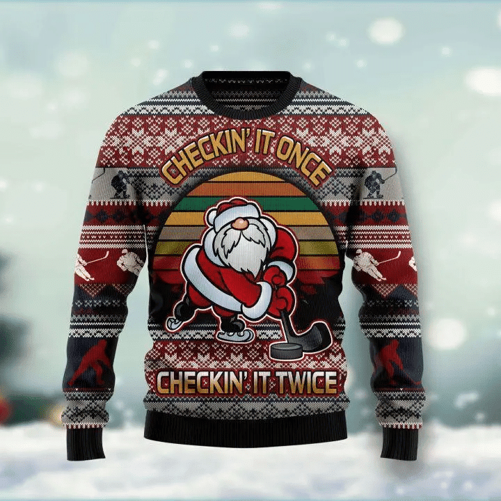 Hockey Checking It Once Checking It Twice Ugly Christmas Sweater, All Over Print Sweatshirt