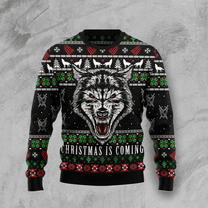 Awesome Wolf Christmas Is Coming Ugly Christmas Sweater, All Over Print Sweatshirt