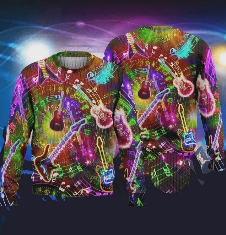 Colorful Guitar Ugly Christmas Sweater, All Over Print Sweatshirt