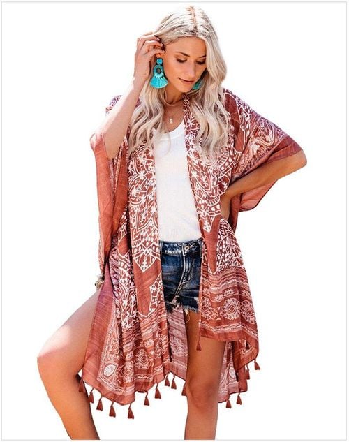 2021 spring and summer seaside vacation printed fringed blouse casual mid-length loose beach cardigan jacket women