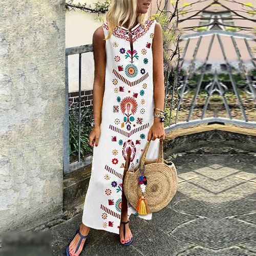 Women Dress Boho Floral Print Sleeveless Summer Party Long Maxi Elegant Lady Holdiay Beach Sundress Split Female Clothing